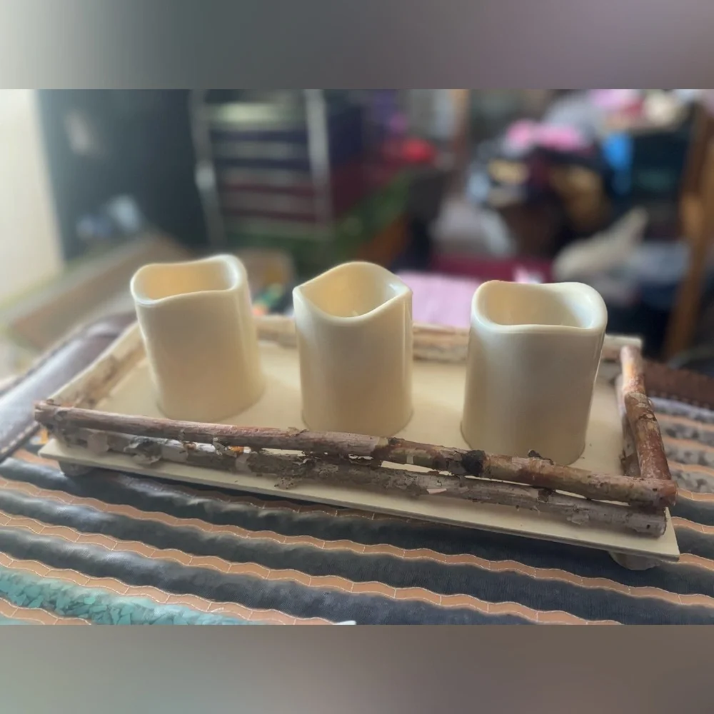 RUSTIC Cabin Wooden 3 Wick-less Battery Operated Candle Holder Decor Warm Yellow